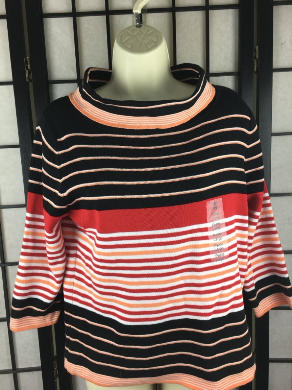 NWT Sz LP Designers Originals Black Striped Knit Top with Red, Peach & White
